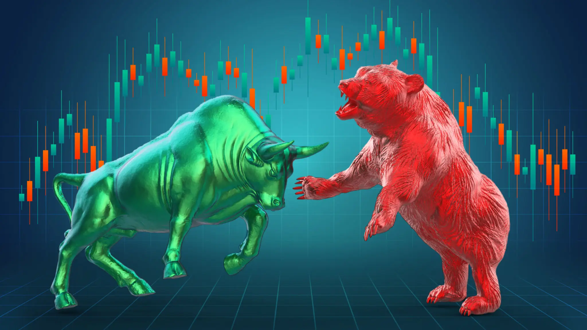 A green bull and a red bear face off against a financial chart background.