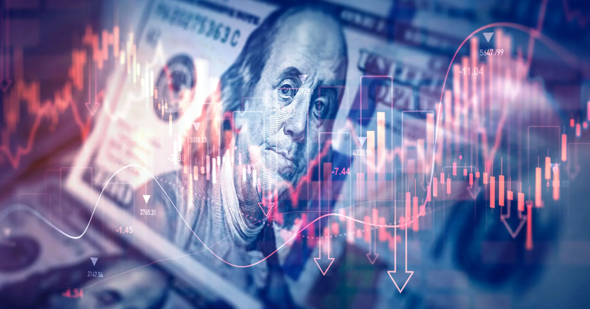 A hundred-dollar bill with financial graph overlays symbolizing market trends.