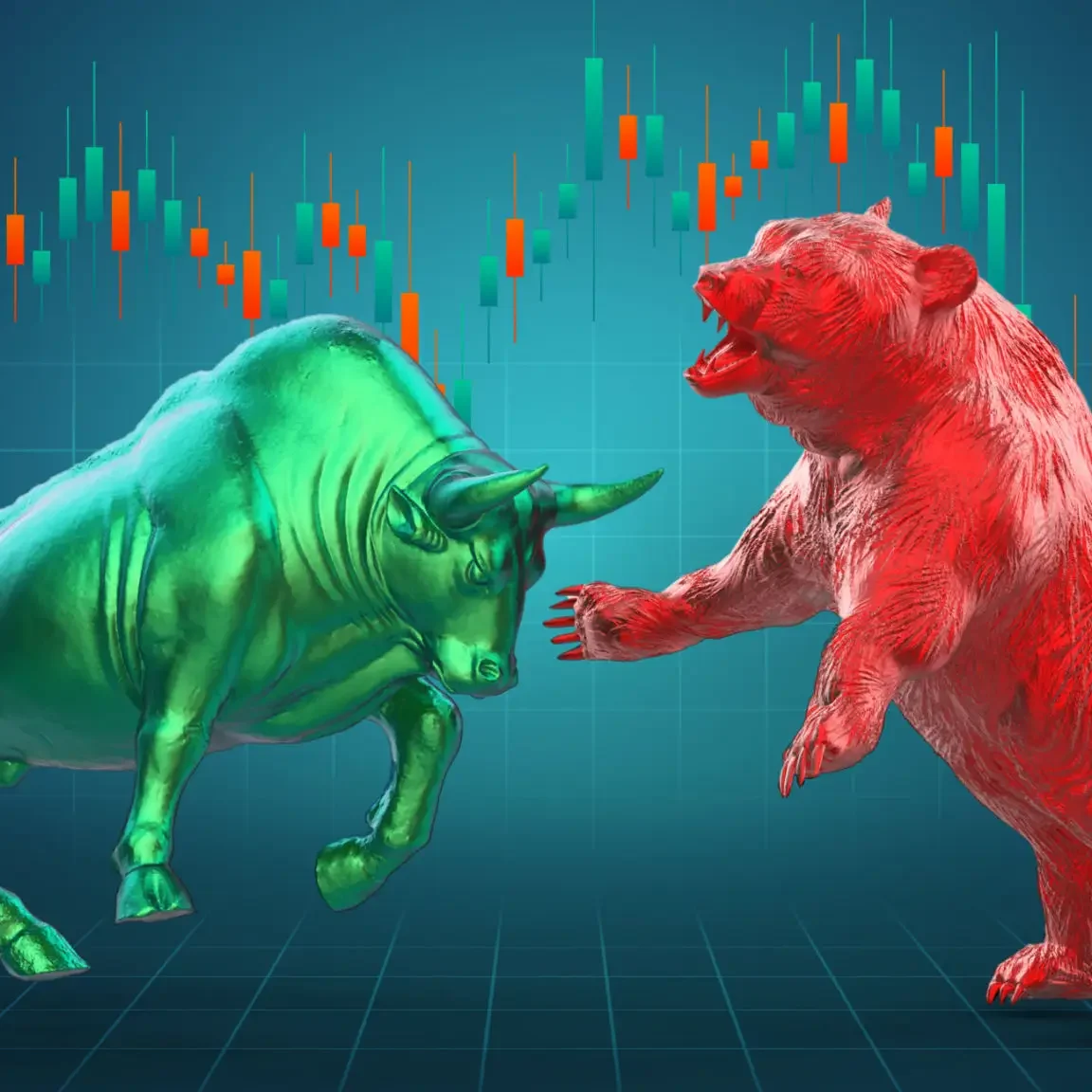 A green bull and a red bear face off against a financial chart background.